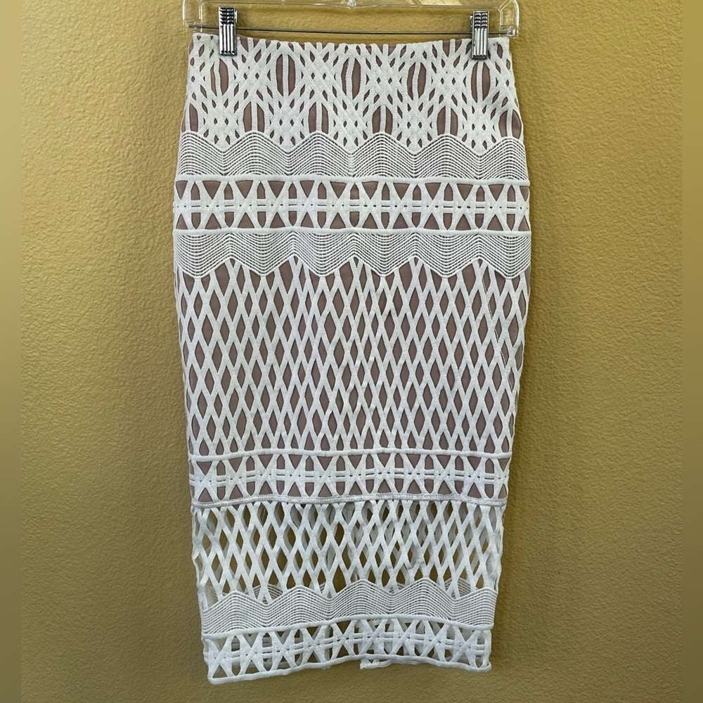 Sheike White Crochet Knit Midi Skirt With Tan Underlay Aus Size 8/Us Size 4 Euc! — image 2 of 5